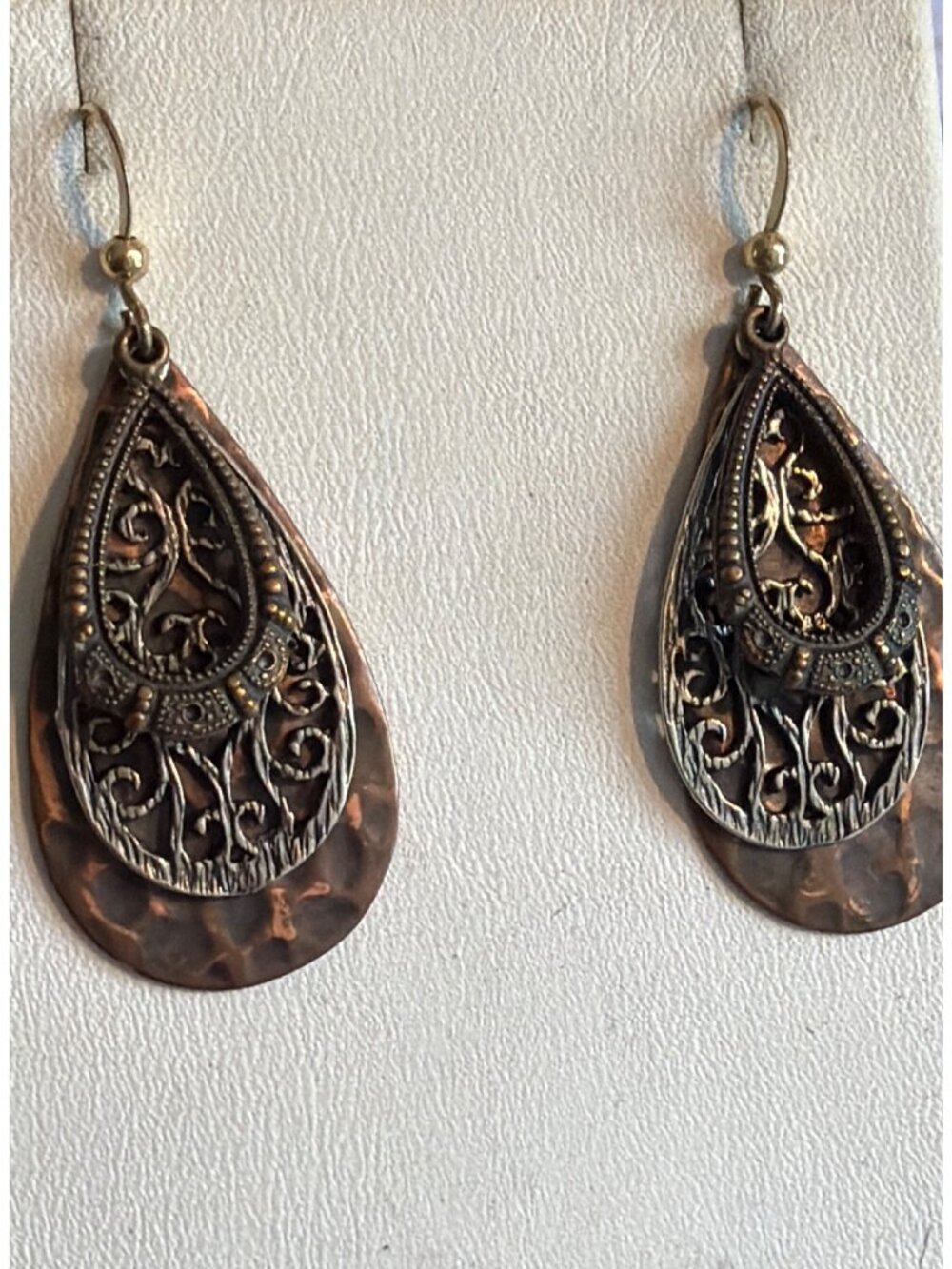 Hammered Copper Metal Teardrop Filigree Dangle Earrings Boho Hooks Layered 1.75"